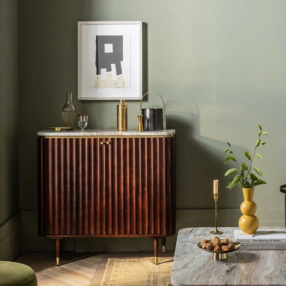 Dark stain drinks cabinet with marble top