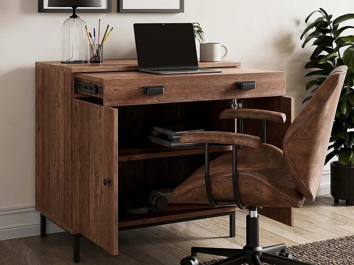 Dark wood storage unit and combined desk
