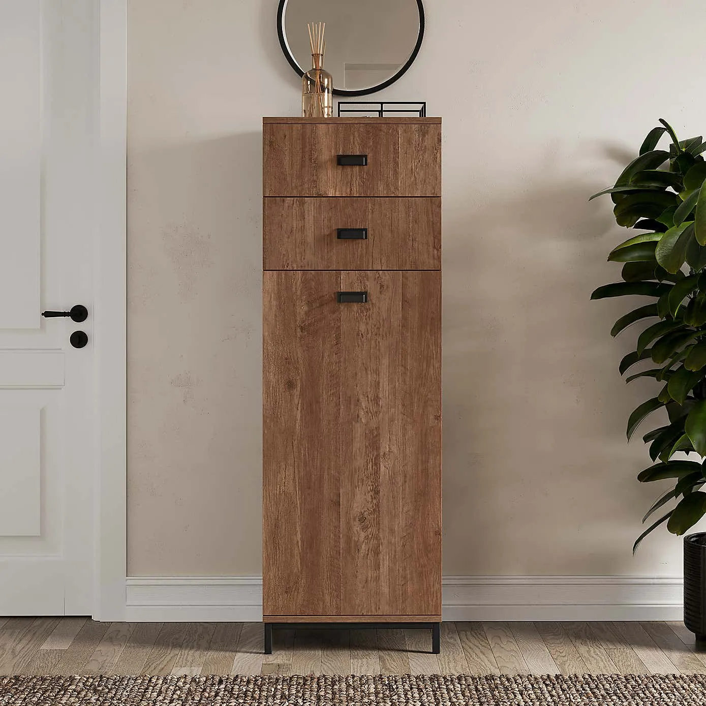 Tall, slim shoe cabinet with 2 drawers