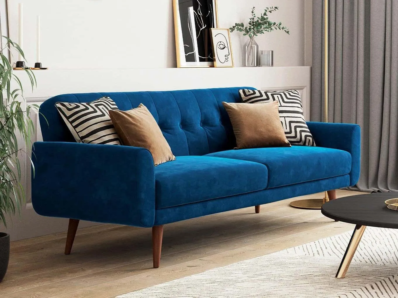 Blue velvet upholstered 3-seater sofa