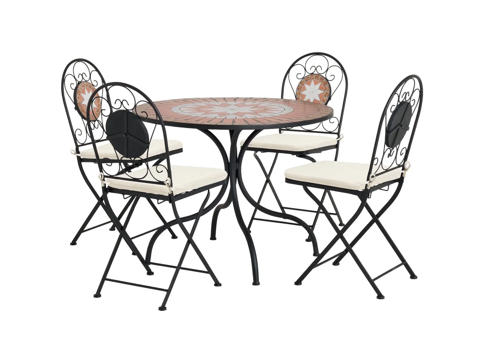 Round metal gerden table and chair set with decorative tile detailing