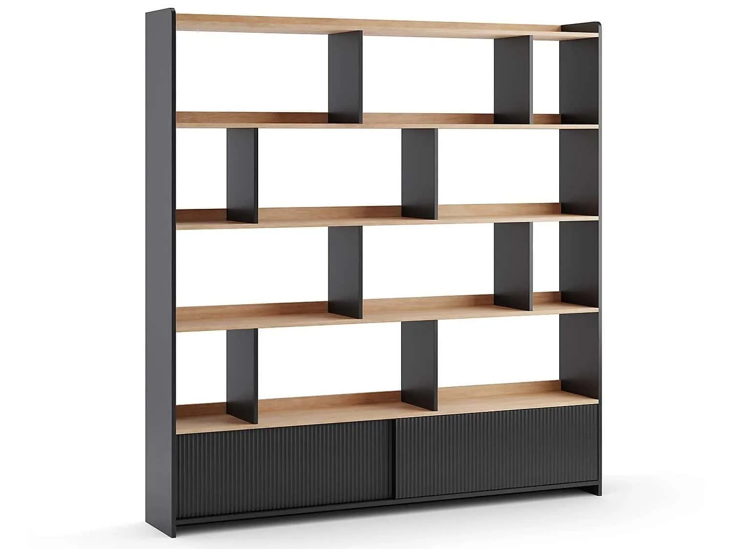 Black free-standing bookcase with sliding door base