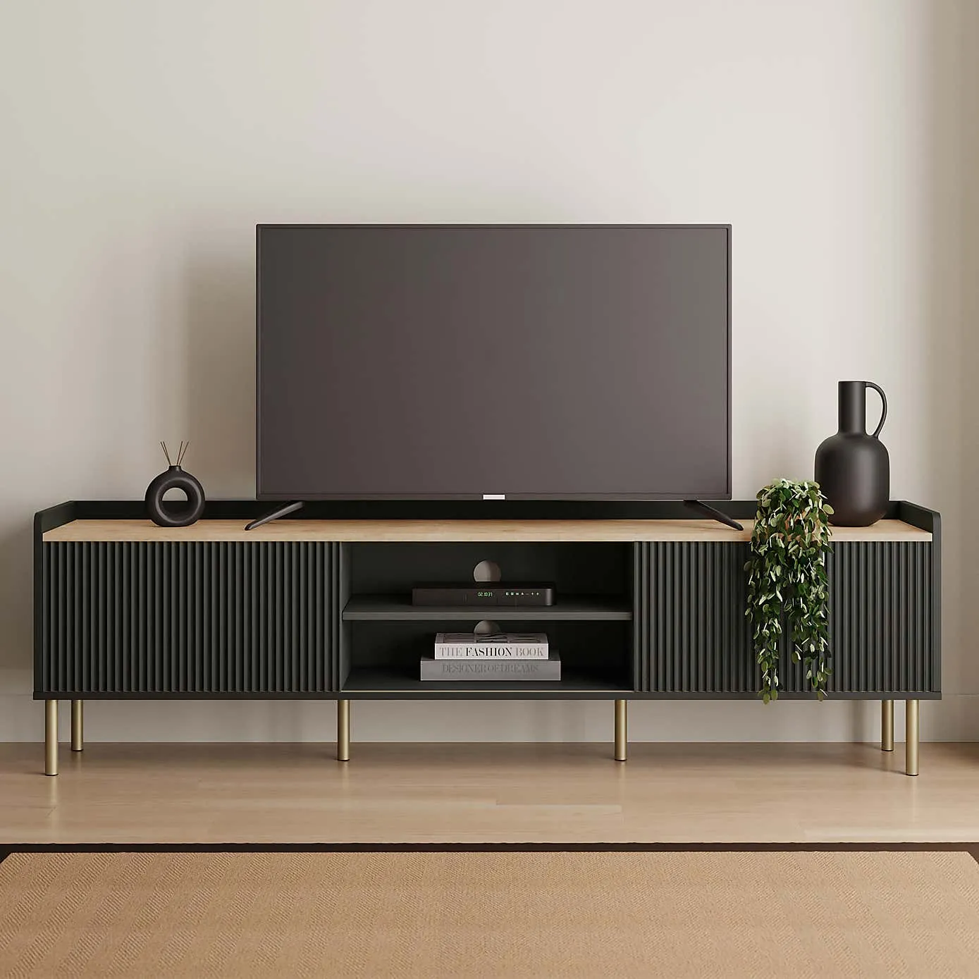 Black extra wide tv stand with ribbed doors