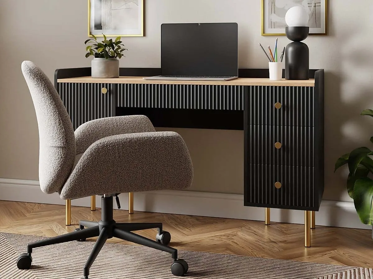 Black ribbed finish desk with 3 drawers and single cupboard