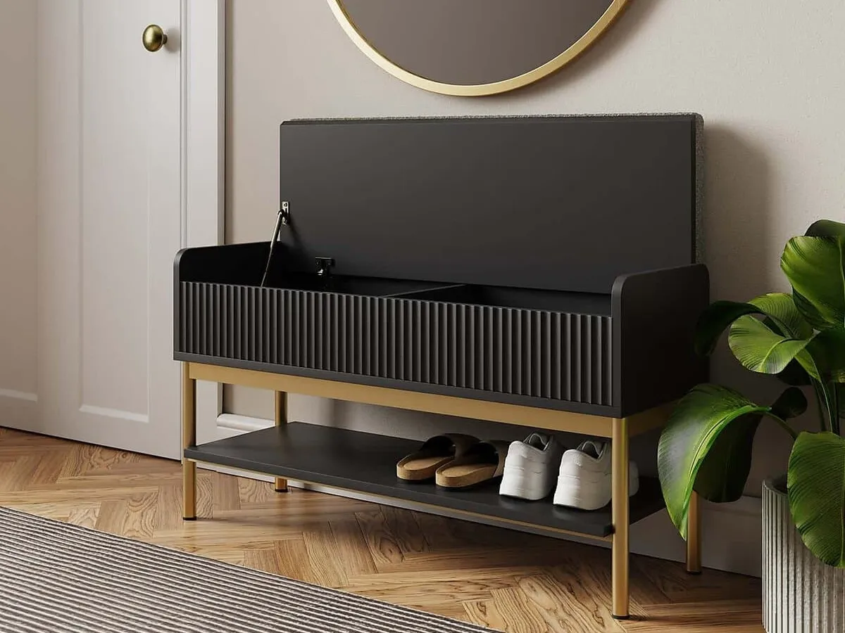 Black hallway storage bench
