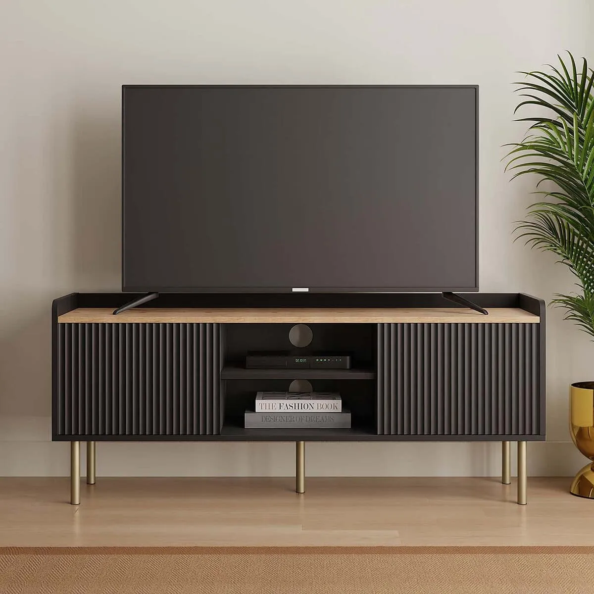 Black tv unit with 2 sliding doors