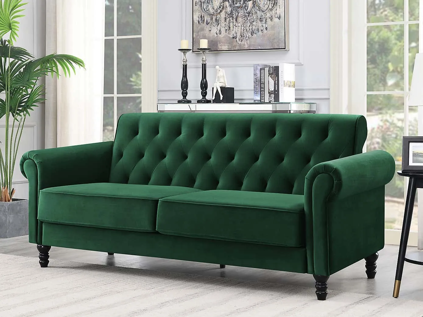 Green velvet button back sofa