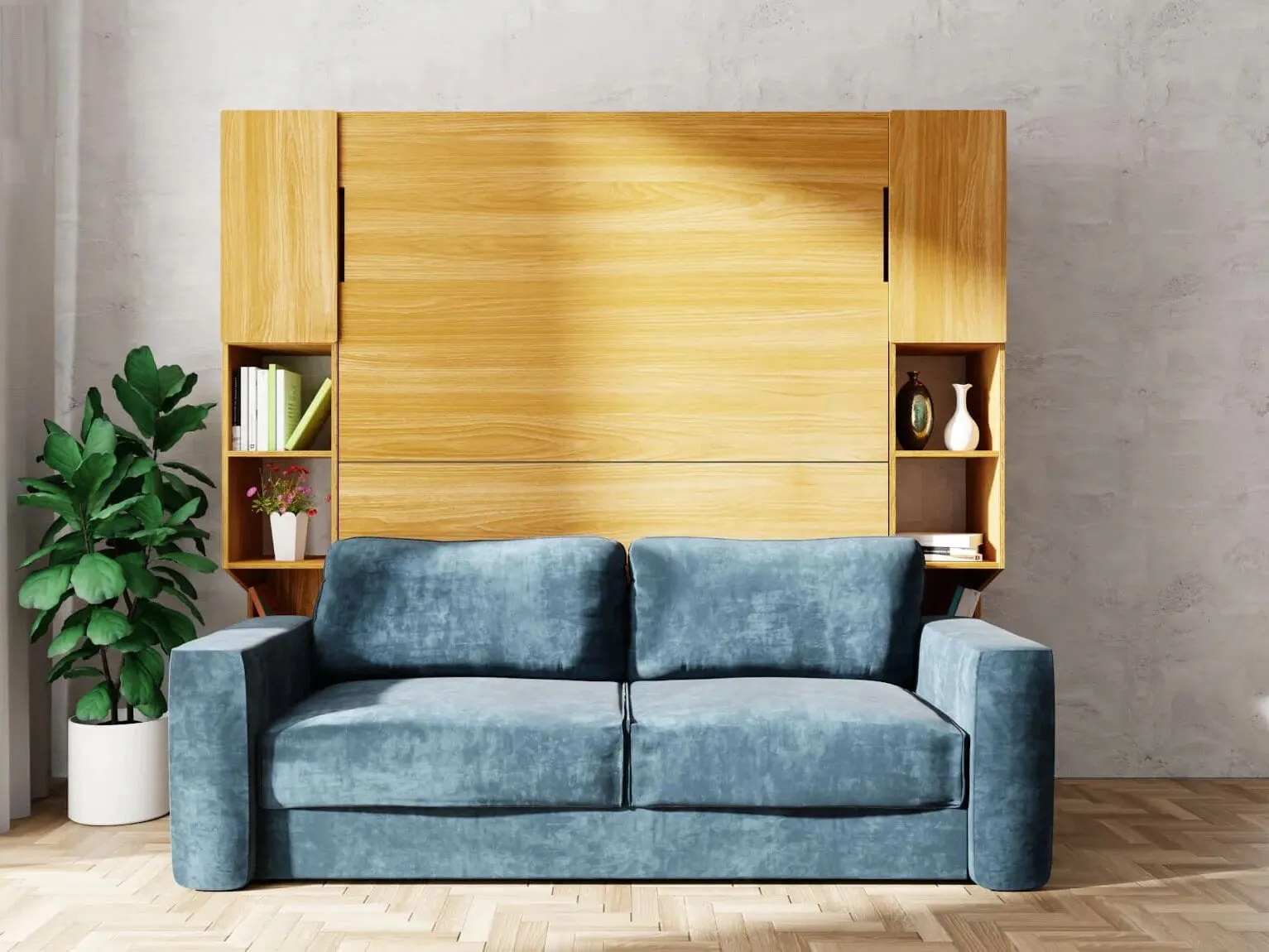 Oak finish pull-down bed unit with sofa