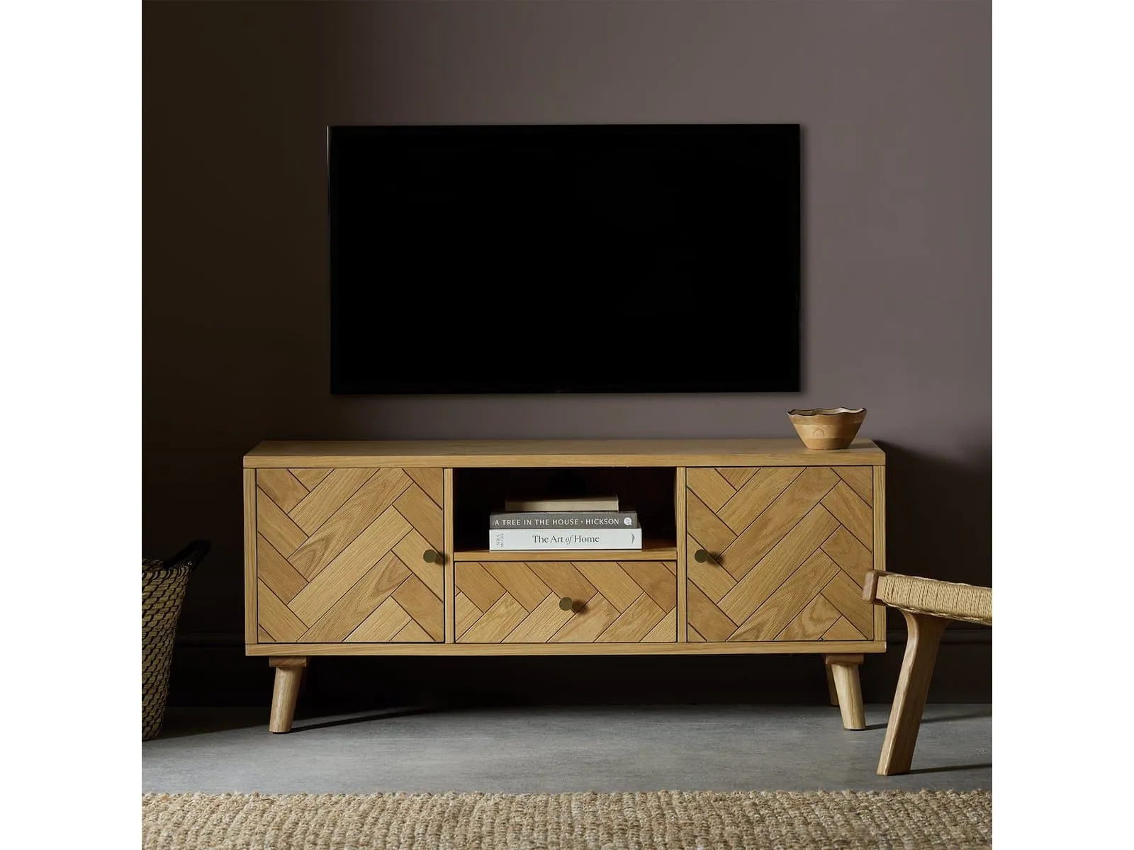 Oak parquet finish TV stand with 2 doors and central drawer