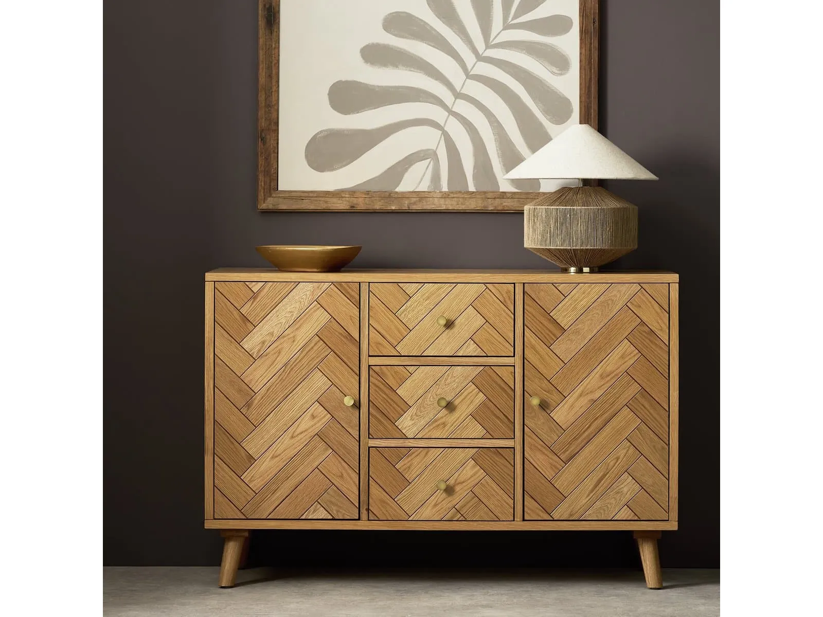 Oak parquet finish sideboard with 2 doors and 3 drawers