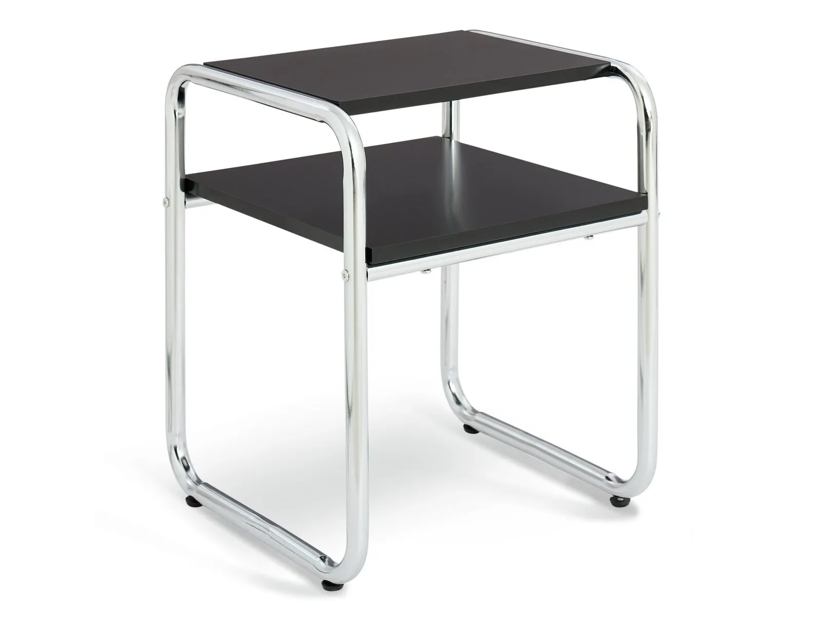 Polished steel bedside table with two black shelves