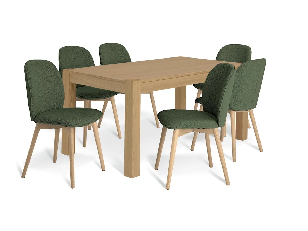 Oak dining table and a set of 6 green fabric chairs