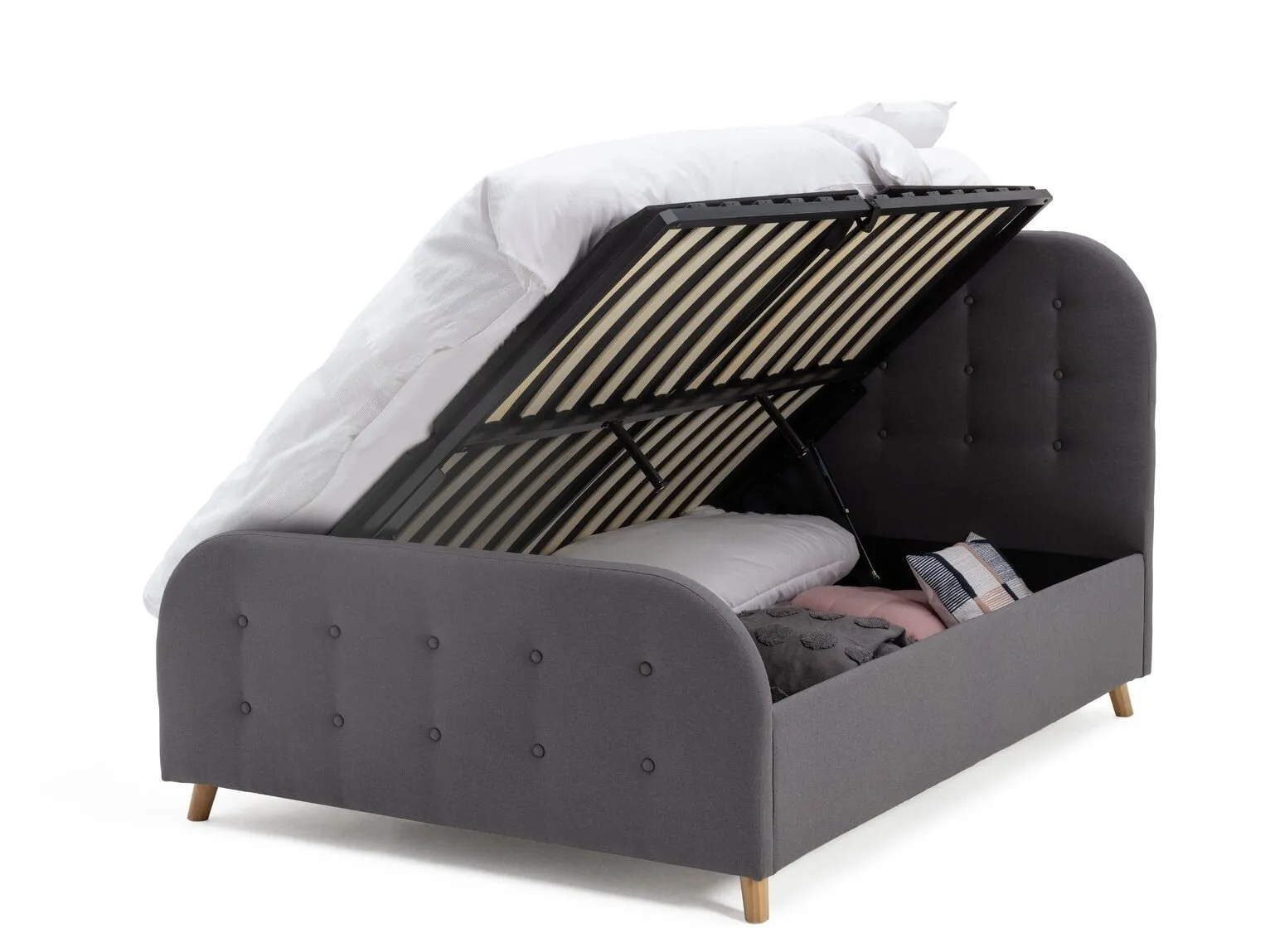 Charcoal fabric upholstered bed frame with storage base
