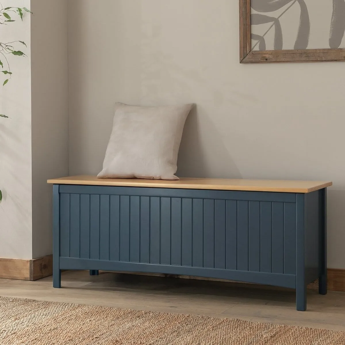 Dark blue storage bench with oak lid