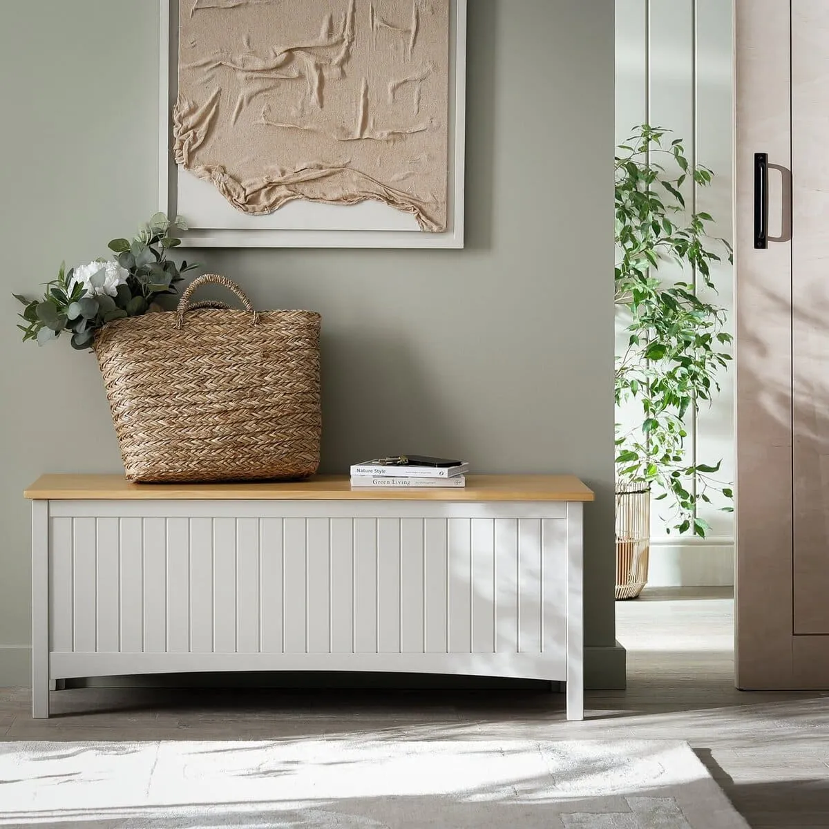 Pale grey storage bench with oak lid