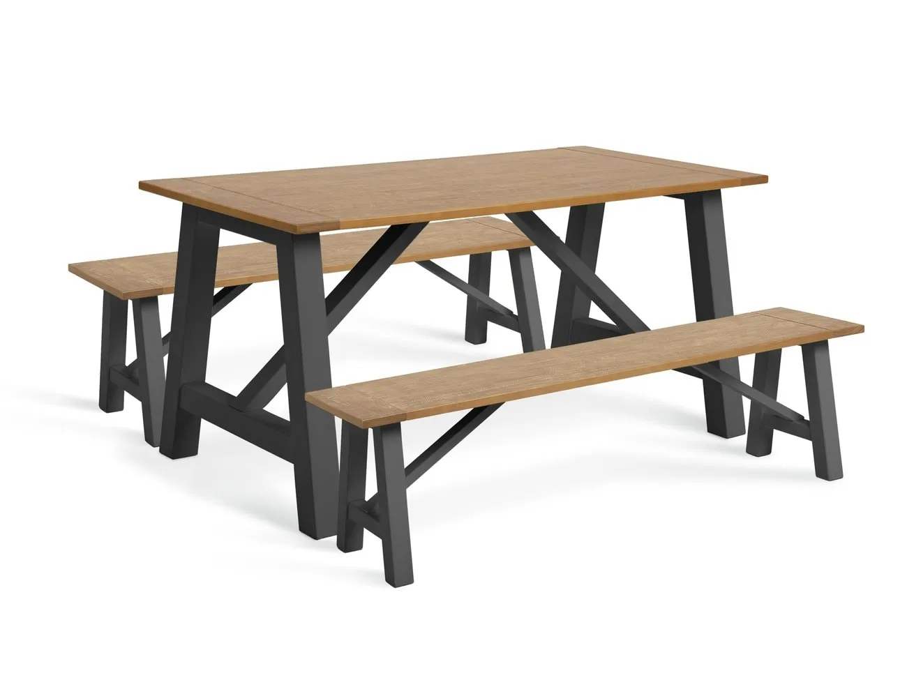 Dark-grey frame dining table with oak finish top and matching benches