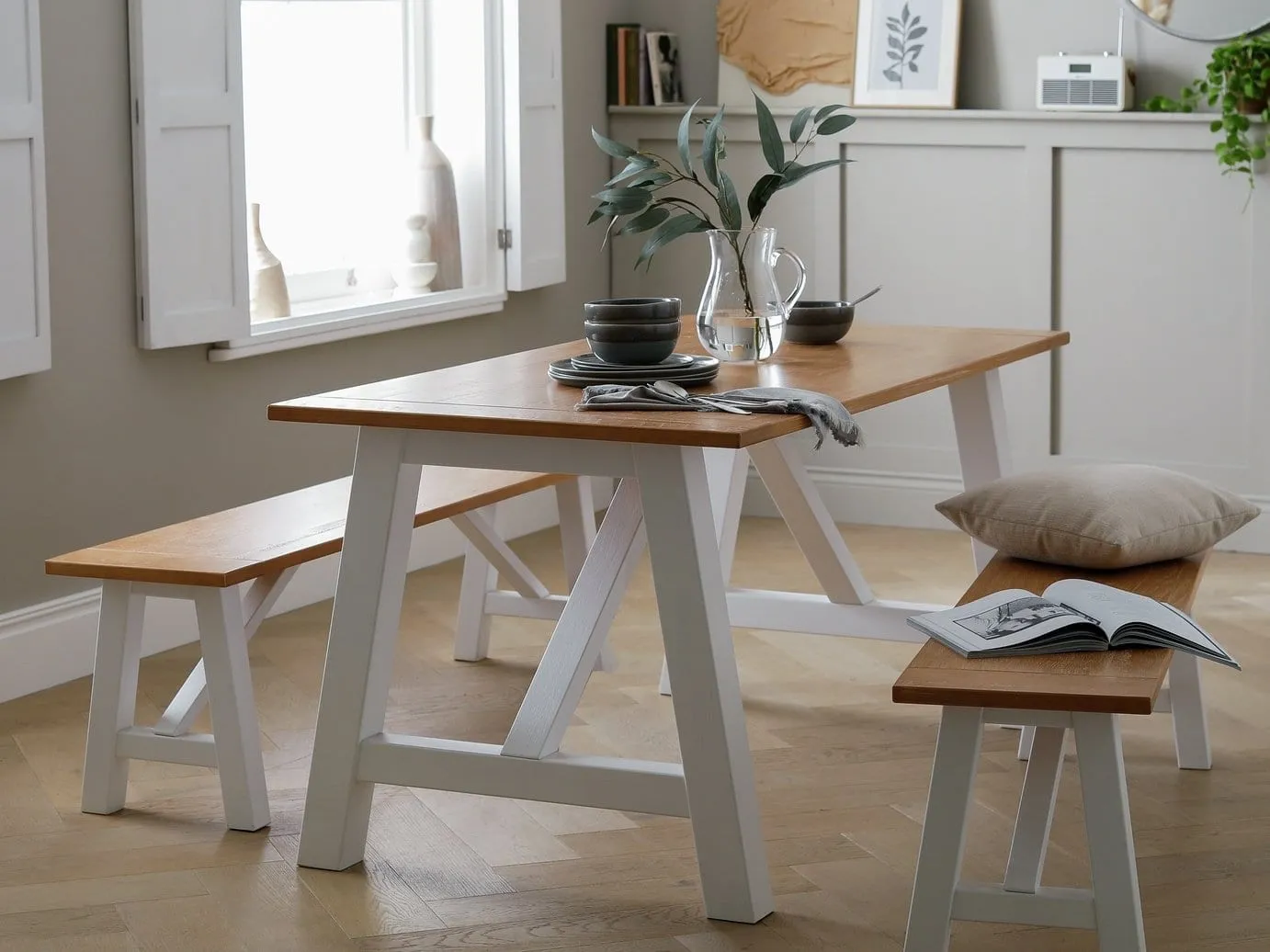 Dining table with oak finish top, painted frame and matching benches