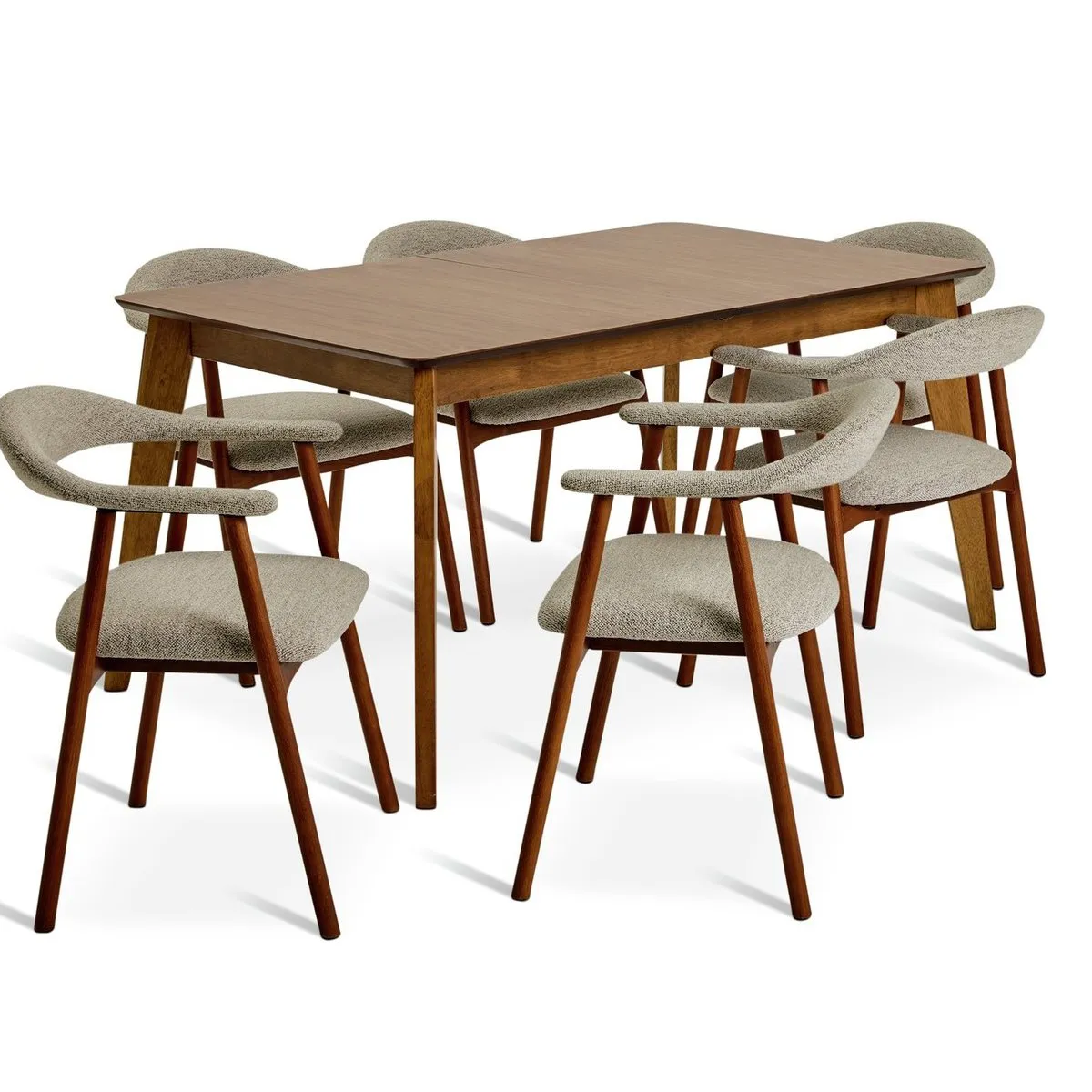 Walnut finish dining table and 6 matching chairs with taupe fabric upholstery