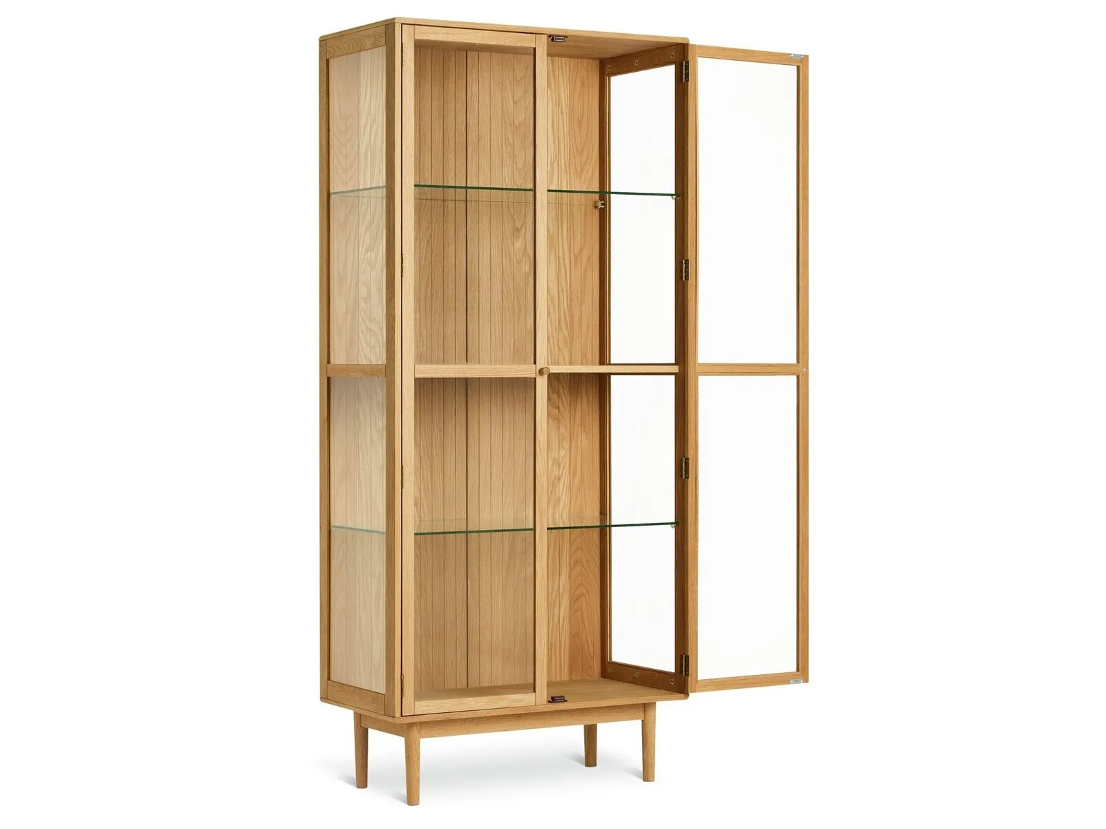Tall oak display cabinet with glass panel doors