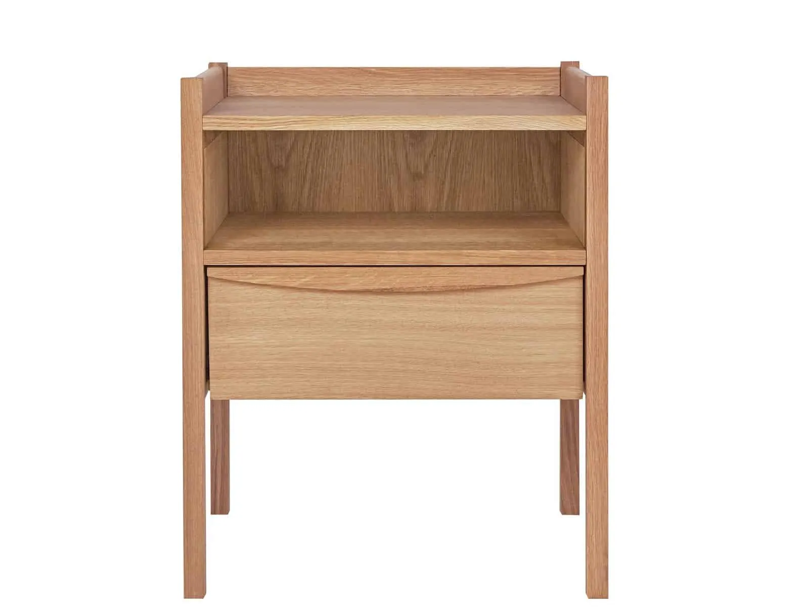 Oak bedside table with single drawer and open shelf