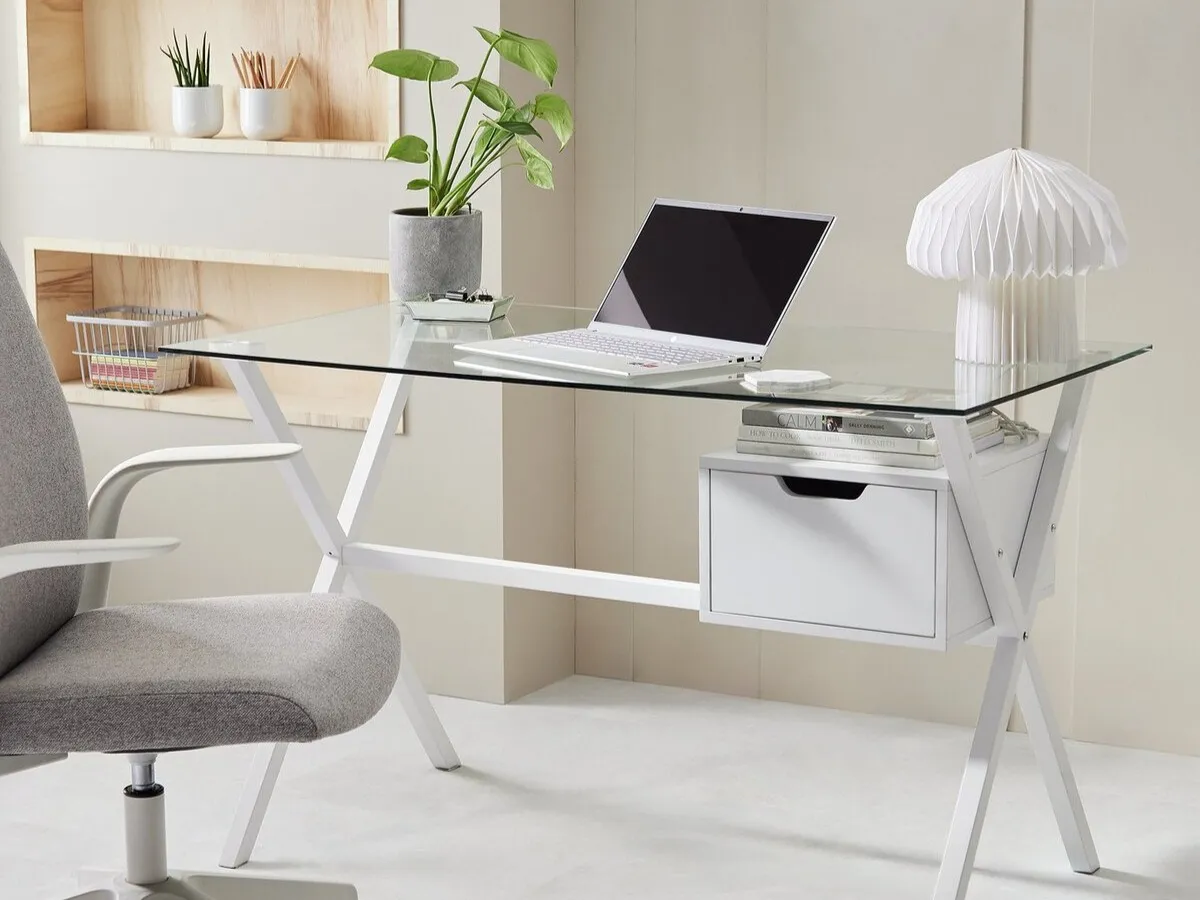White metal x-frame desk with glass top