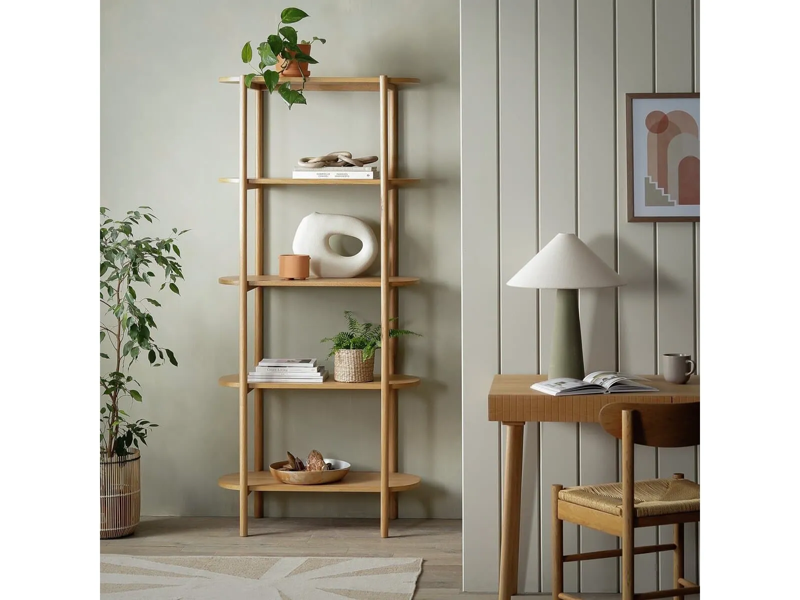 5 tier oak shelving unit