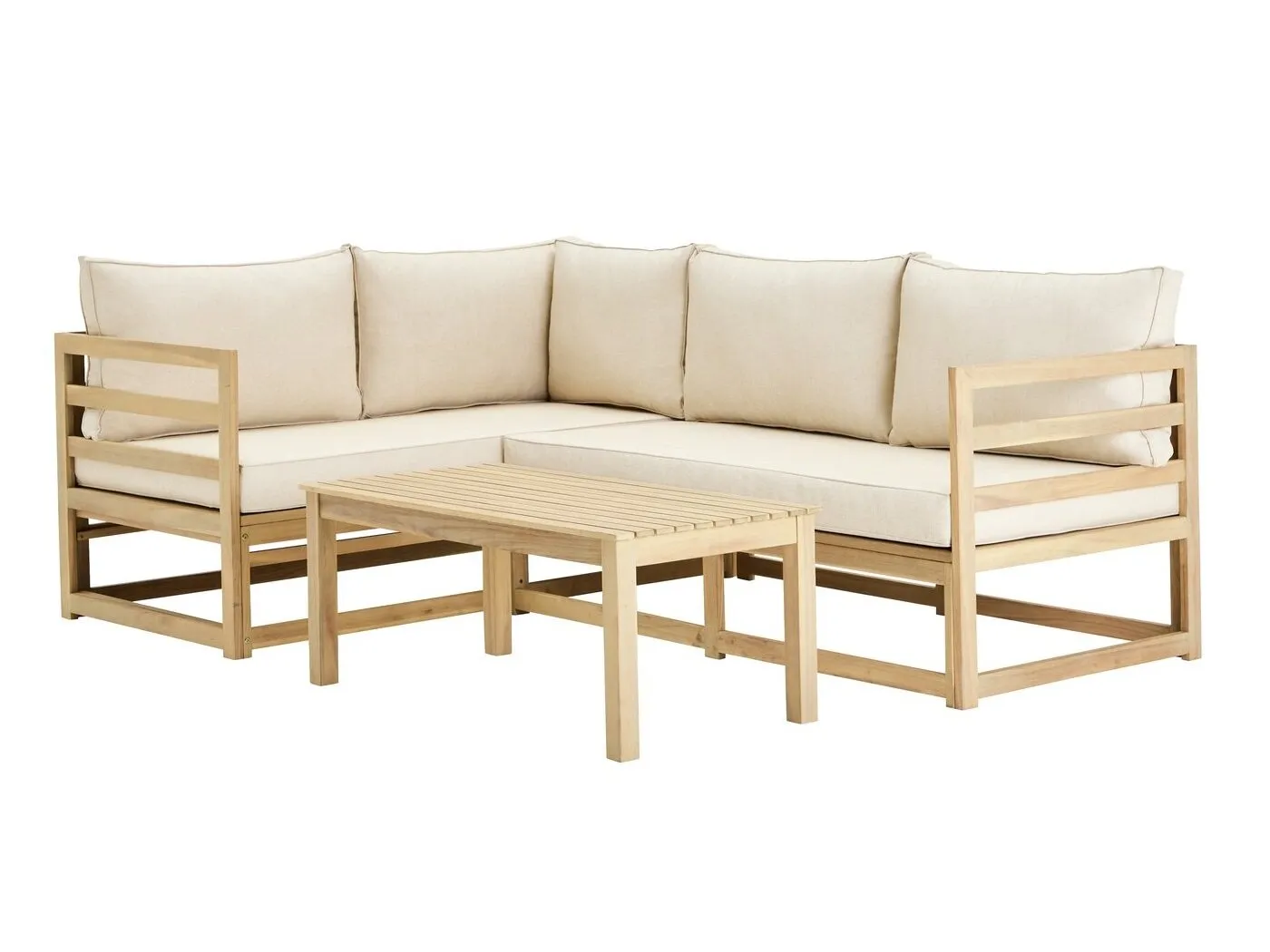 Wooden frame garden corner sofa with cream cushions and matching table.