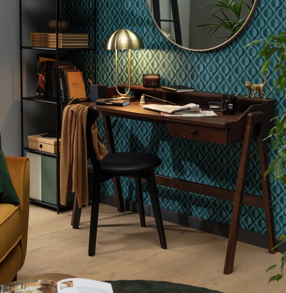 Walnut writing desk with storage hutch and single drawer