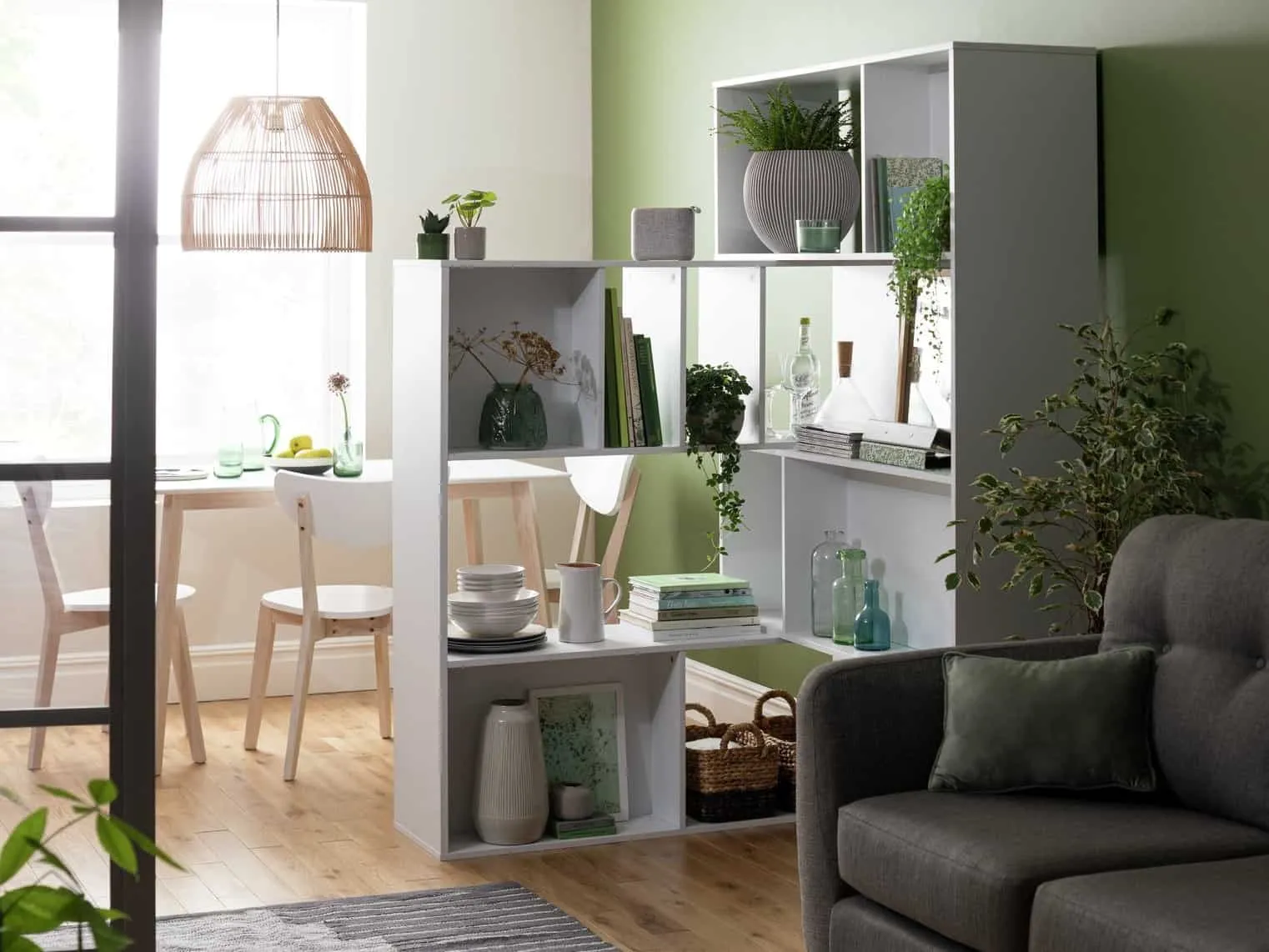 white painted shelving units