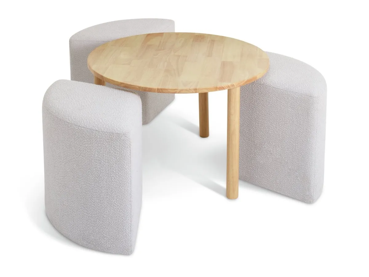 Round oak finish table and 4 triangular banches