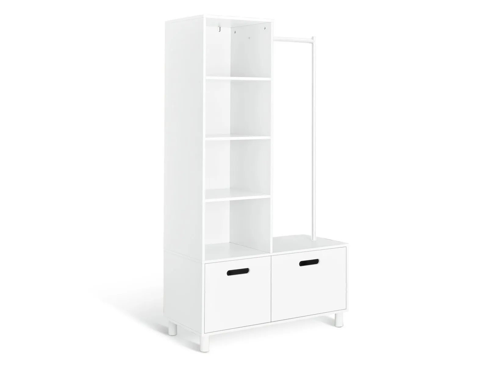 White storage unit with clothes rail, 2 drawers and 4 open shelves