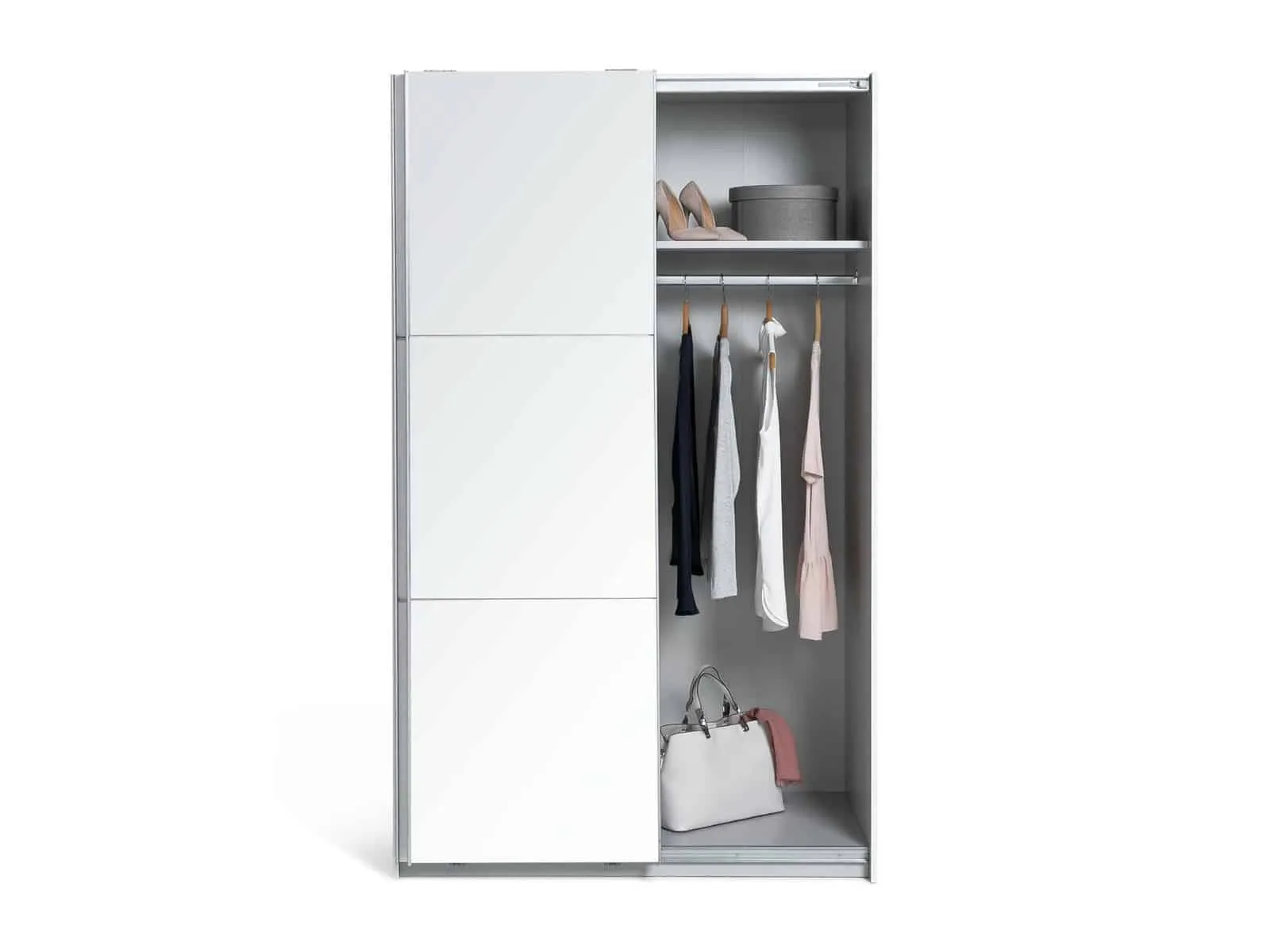 Sliding mirrored door wardrobe with hanging rail and internal shelf
