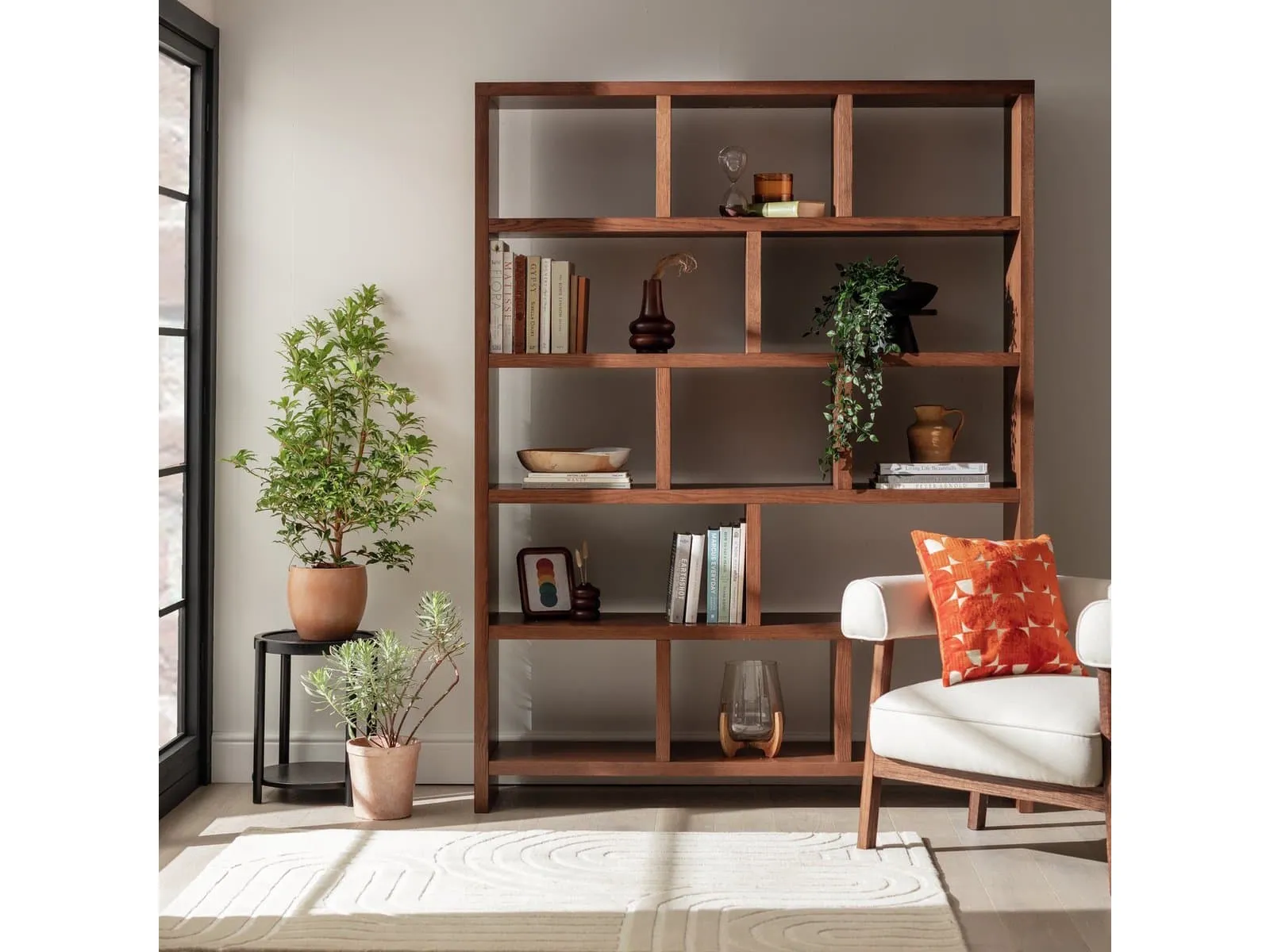 5-tier walnut bookcase with divided shelves