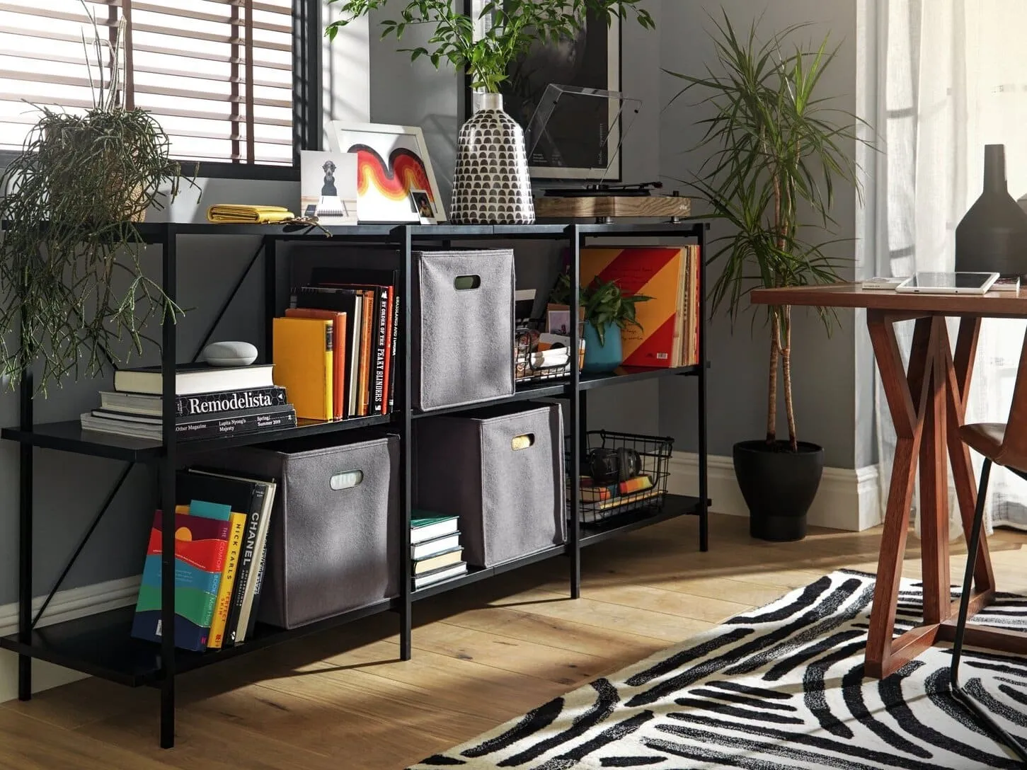 Low level black metal bookcase