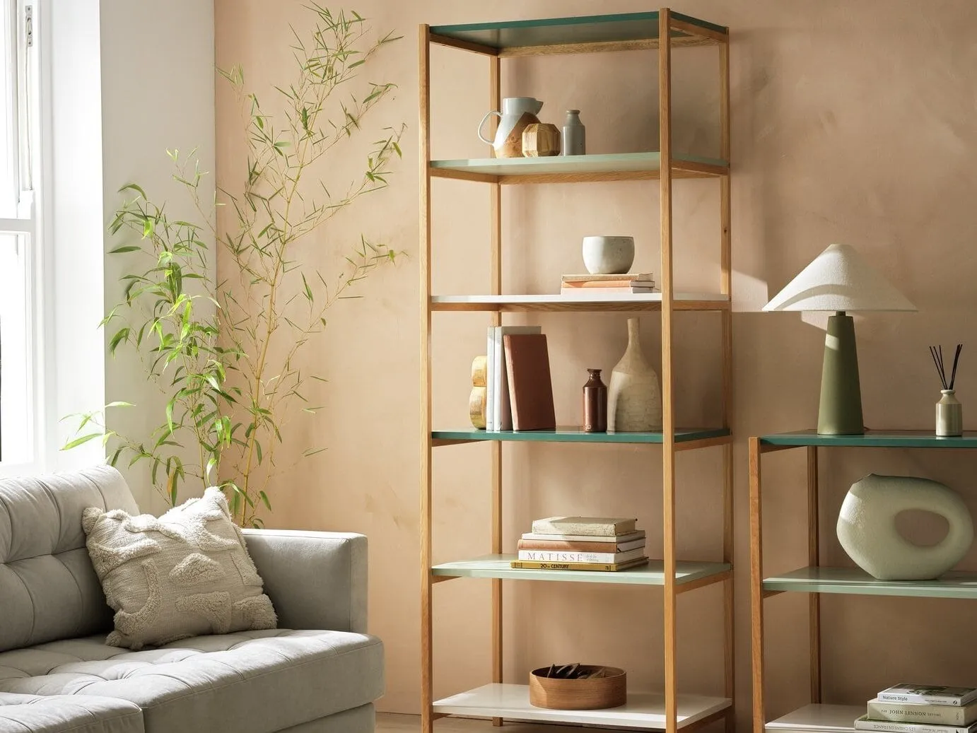 Wooden frame shelving unit with metal shelves