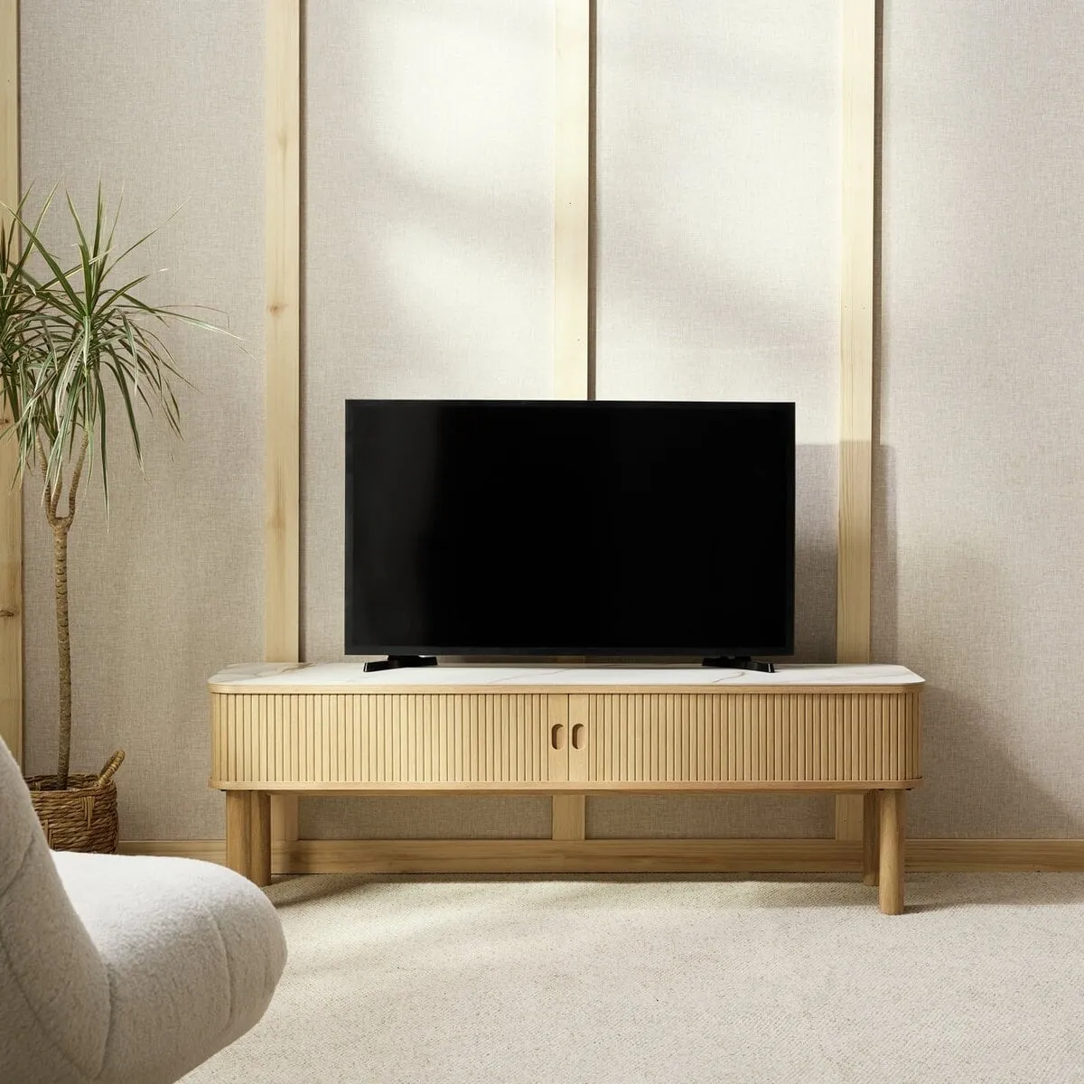 Oak tv stand with marble top and concealed storage