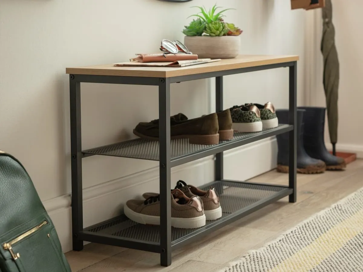 3 tier shoe rack with black metal frame and oak top