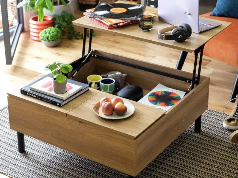 Industrial style oak square coffee table with lift-up storage base