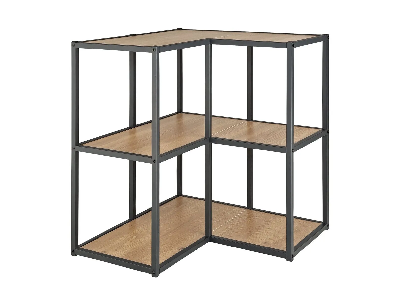 3-tier corner unit with black frame and oak shelves