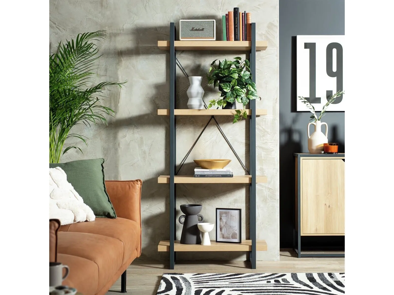 Tall unit with oak shelves and black metal frame
