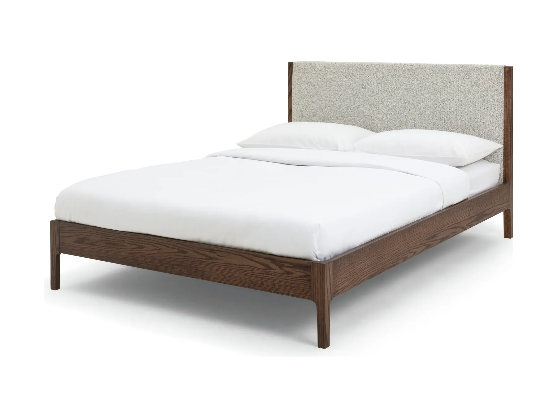 Walnut finish bedrame with boucle upholstered headboard