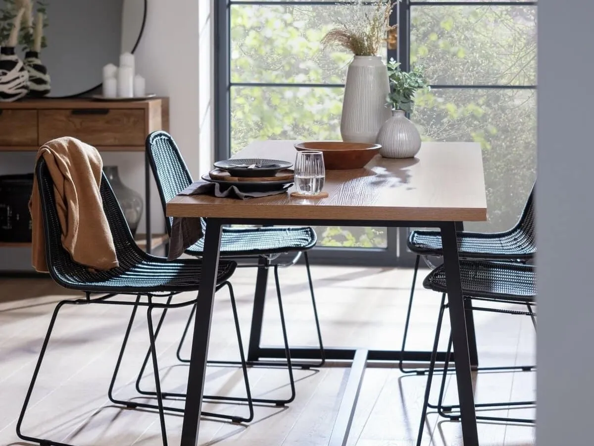 Rectangular oak effect dining table with black metal legs