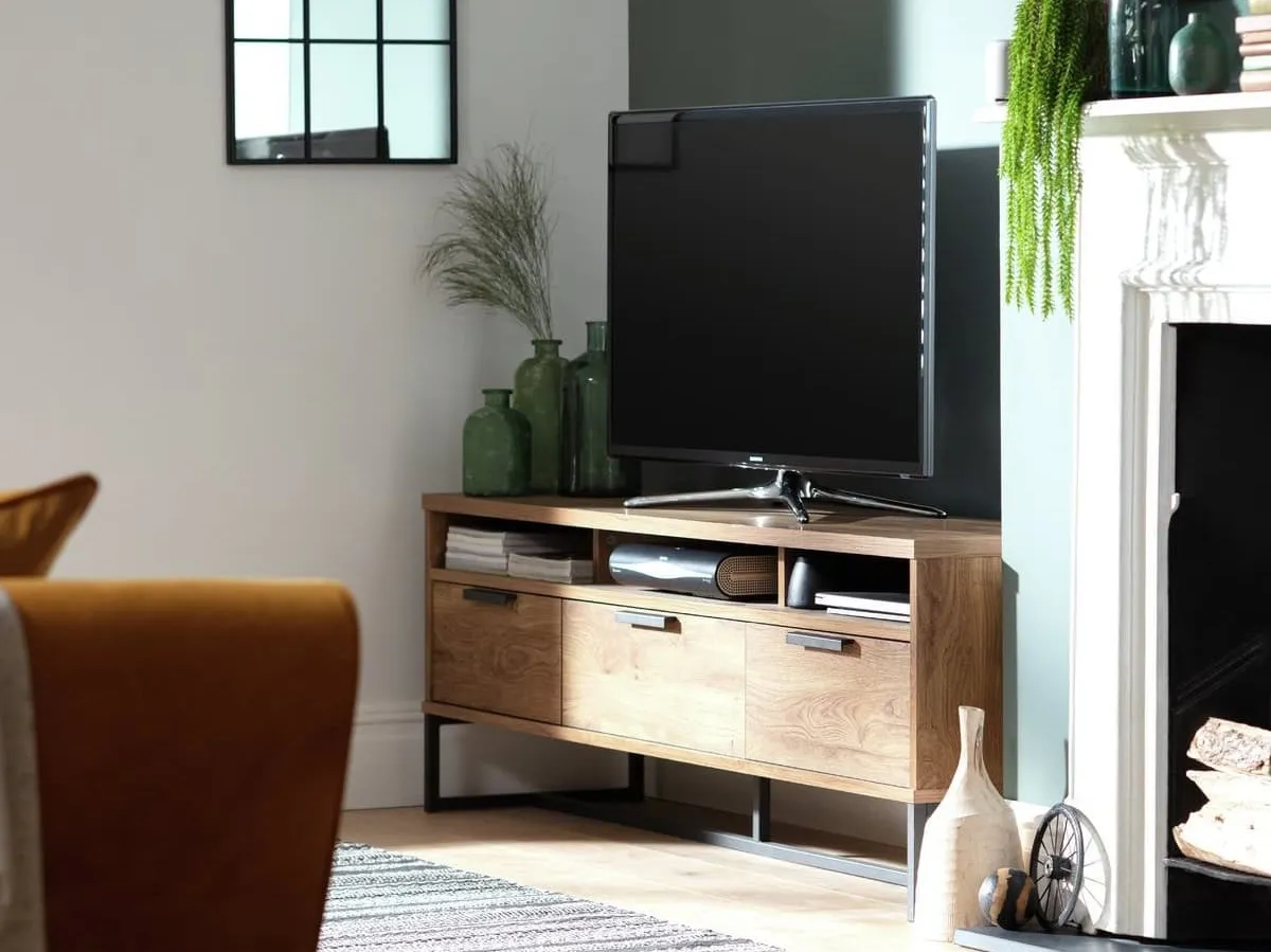 Industrial oak tv unit with 3 drawers