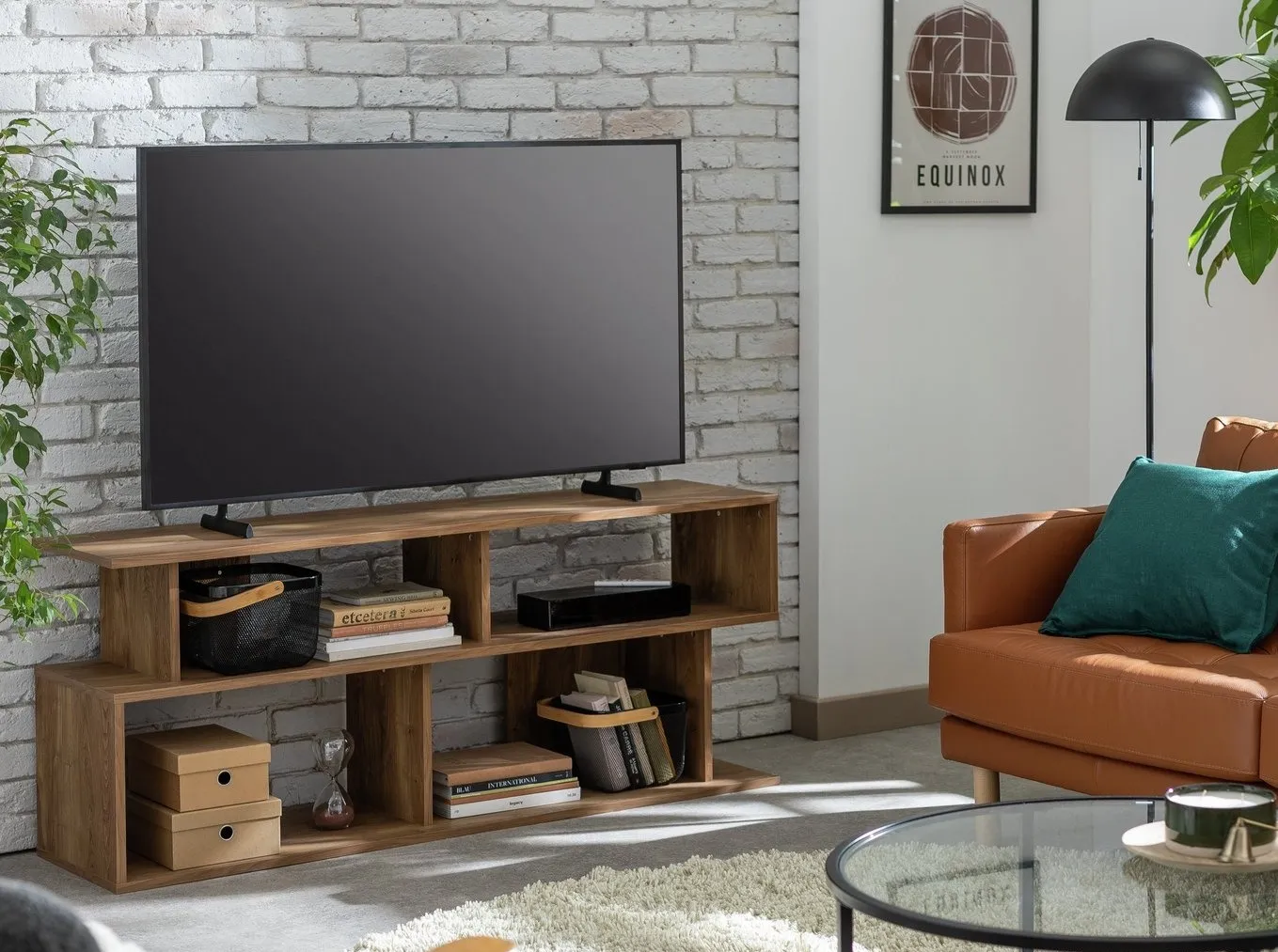 2-tier offset style tv stand with oak finish