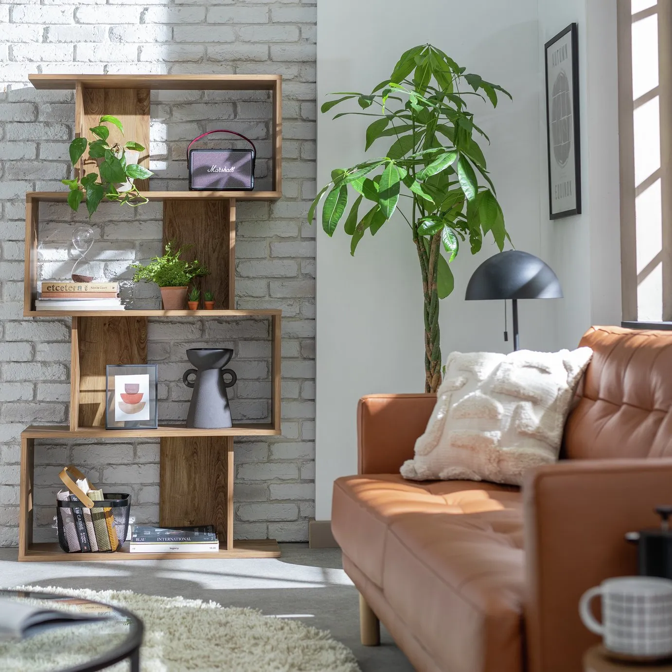 4-tier offset-style bookcase with oak finish