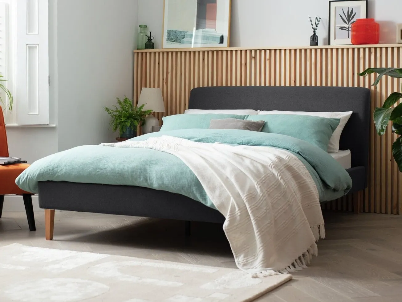 Charcoal fabric upholstered bed frame