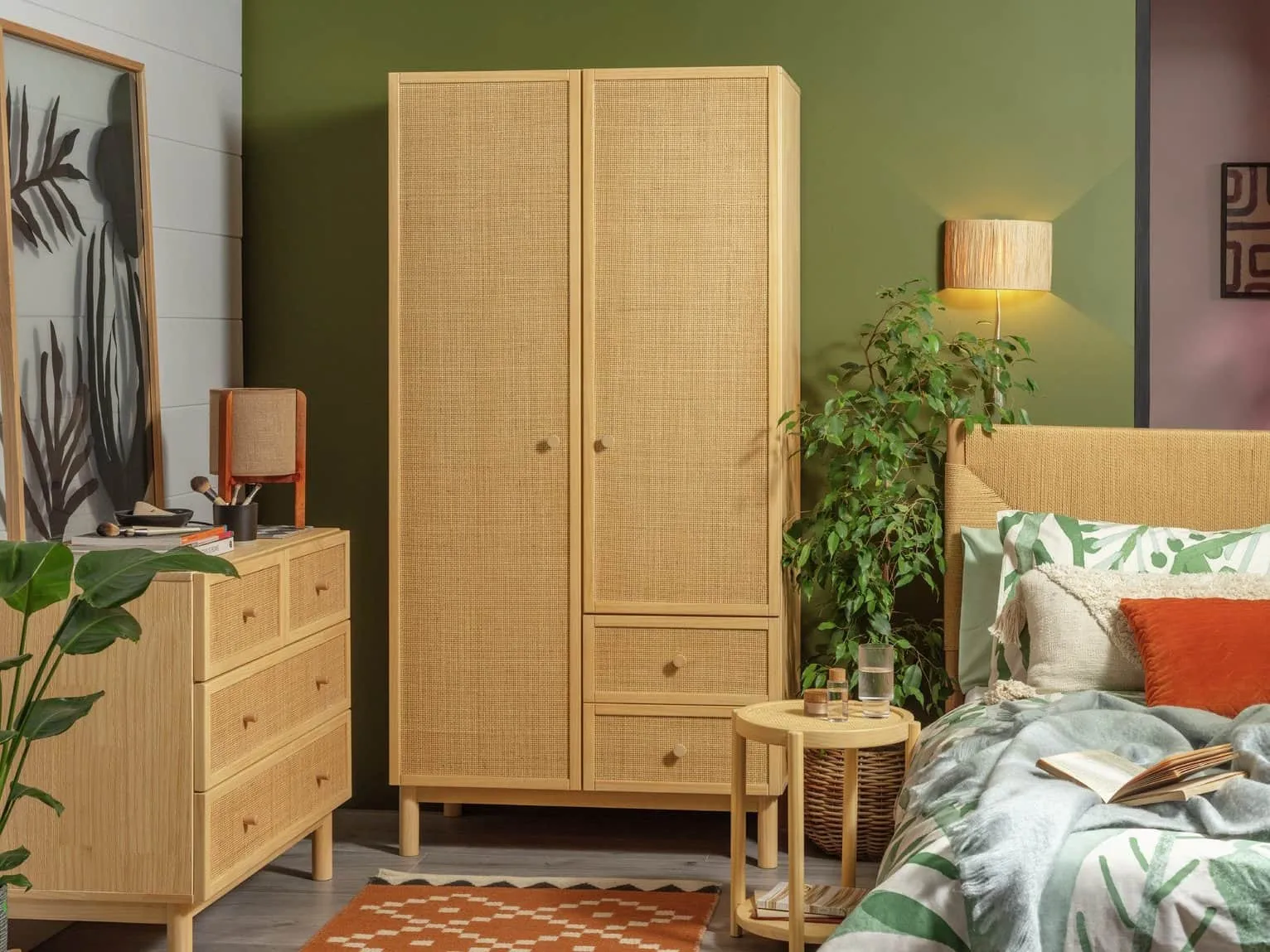 Pine bedroom furniture with woven rattan doors and drawers