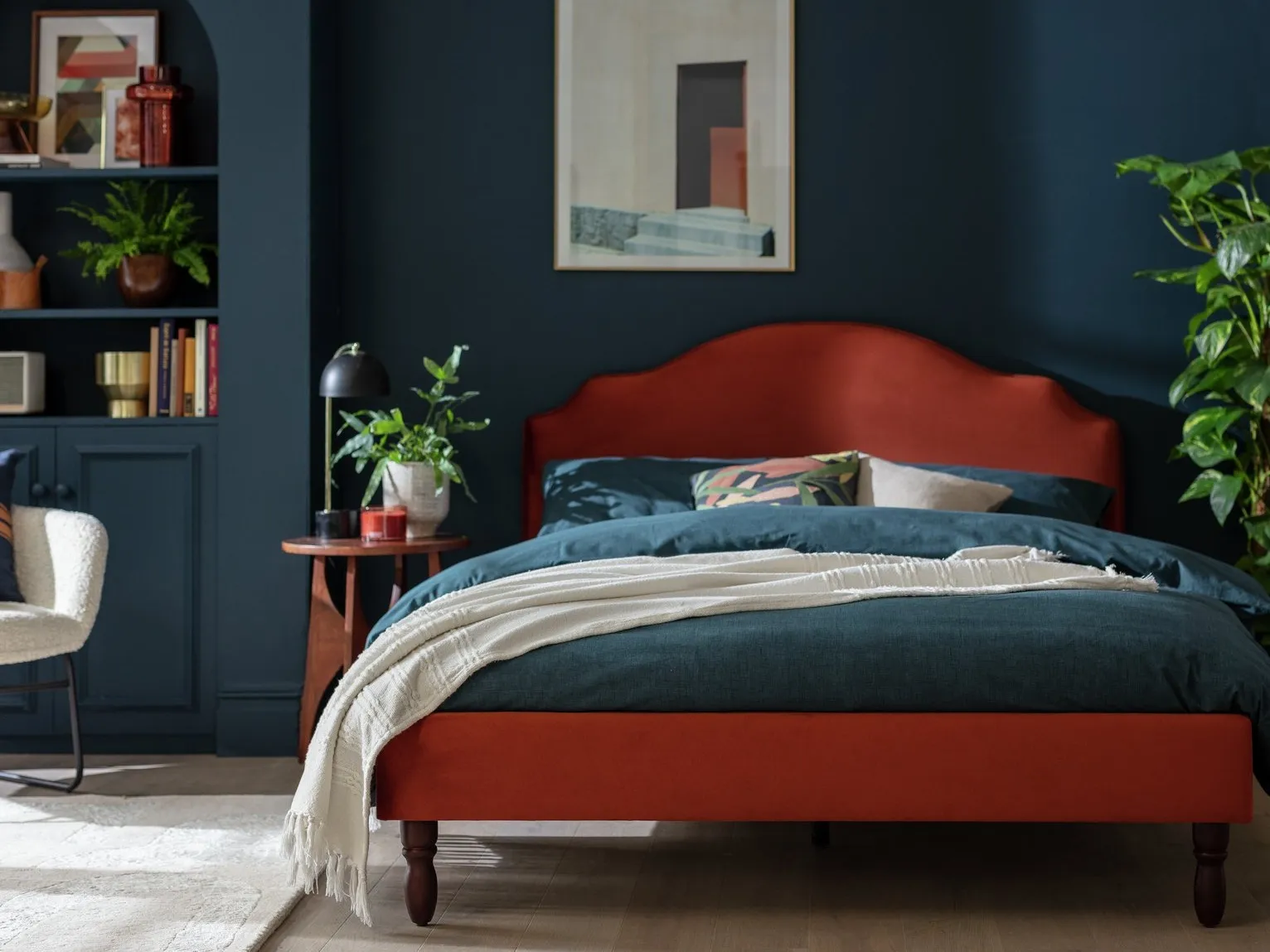 Red velvet upholstered bed frame