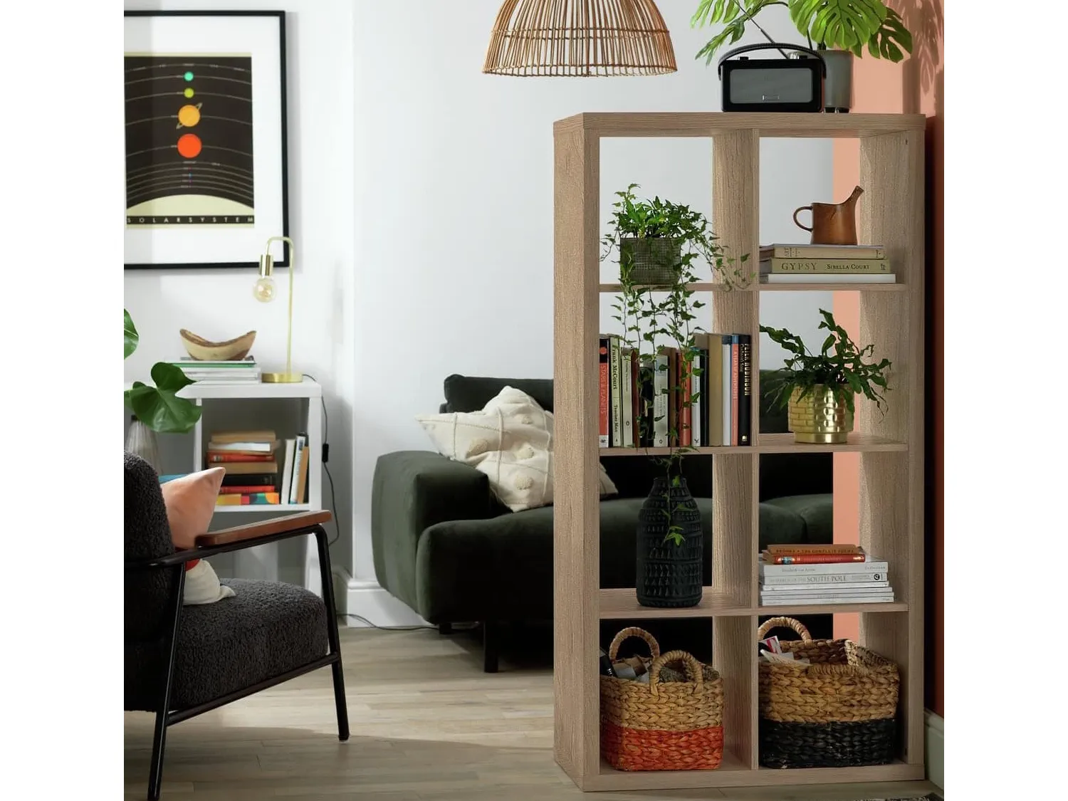 8 cube storage unit with dark oak finish