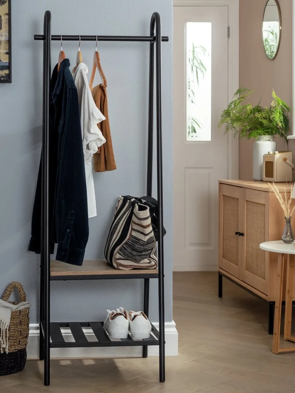 Black frame clothes rail with shoe rack - single